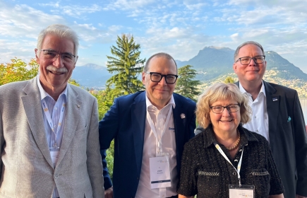 PDG Hanspeter Pfister mit den drei amtierenden Governors Jouni Heinonen, Andrea Weber Allenspach und John Manning (v.l.n.r.)